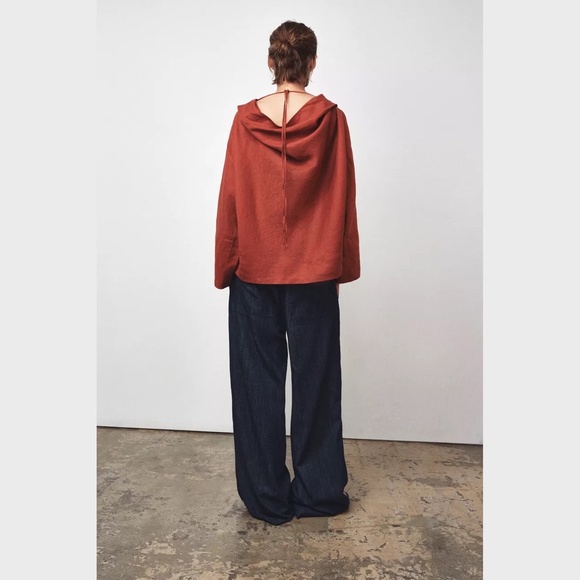 Zara 100% Linen Blouse Lagenlook Oversized Brick Long Sleeve ZW Collection L - Picture 7 of 16